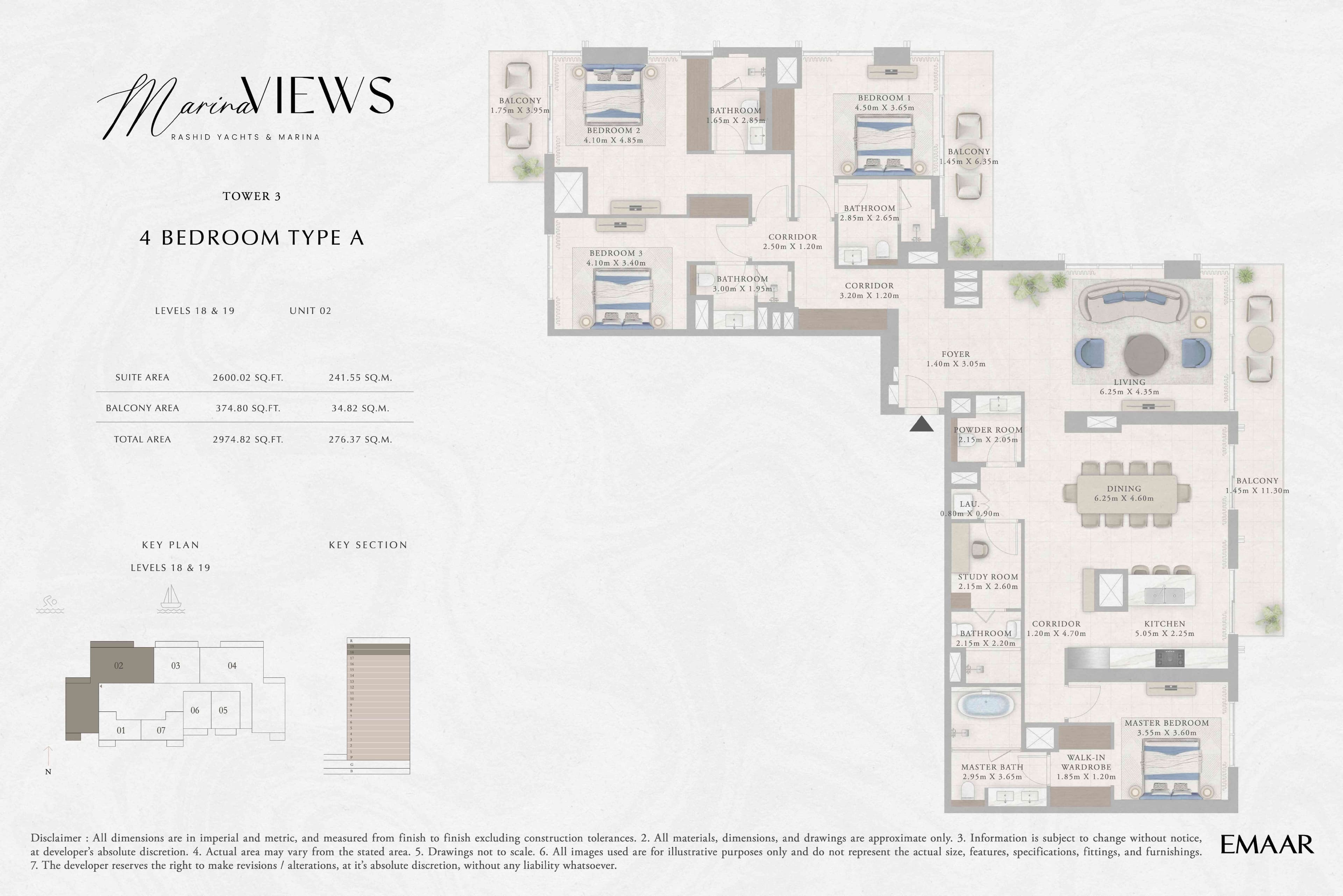 Marina Views Tower 1, 4-Bed Floor Plan, type: Tower 3 - 4BR - Type A - Level 18-19