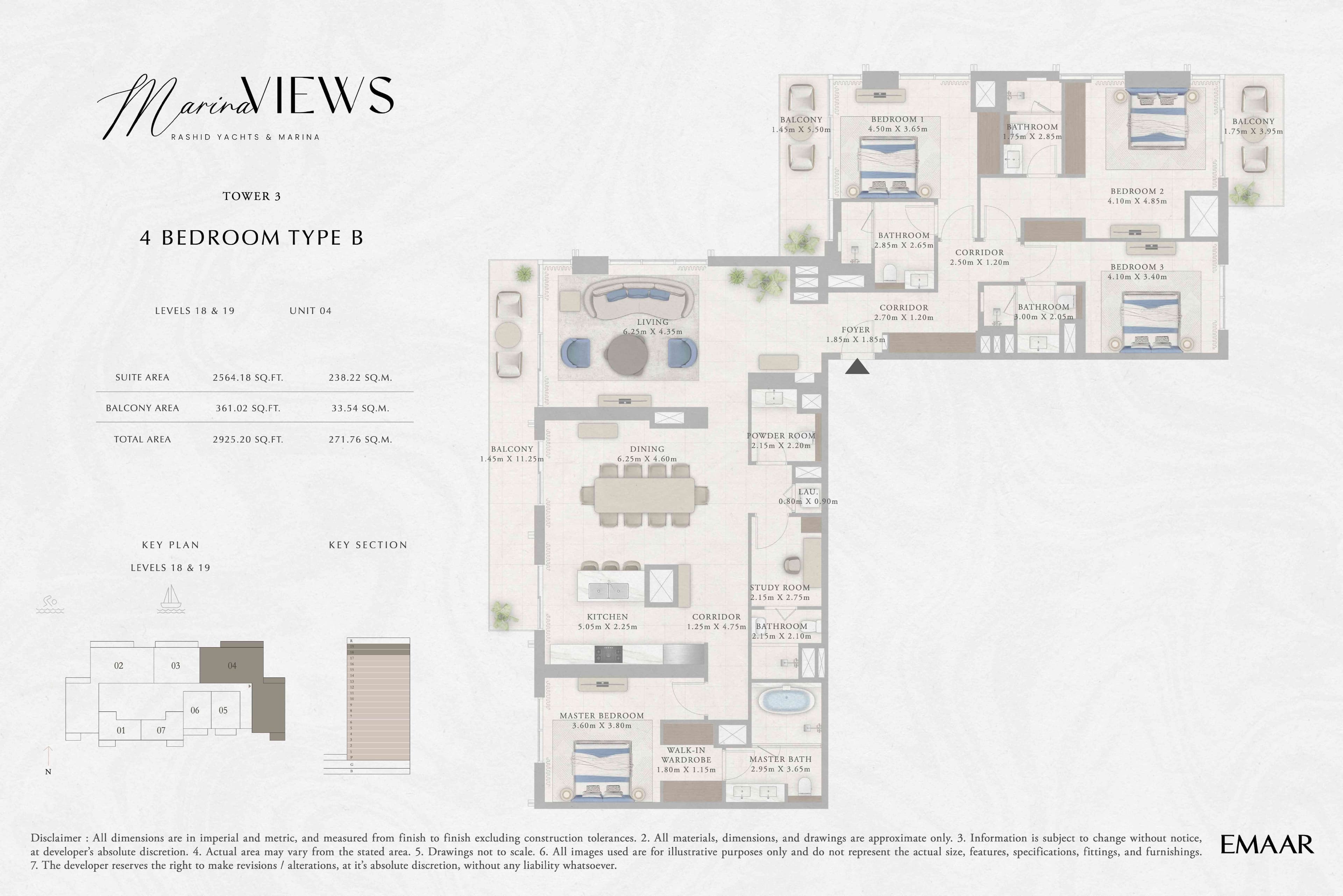 Marina Views Tower 1, 4-Bed Floor Plan, type: Tower 3 - 4BR - Type B - Level 2-9, 10-17