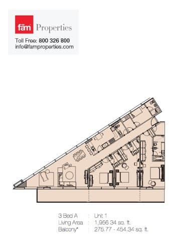 Marquise Square, 3-Bed Floor Plan, type: 3 Bed A - Unit 1