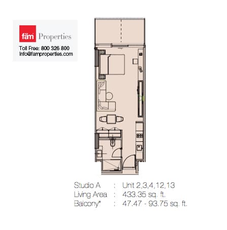 Marquise Square, 0-Bed Floor Plan, type: Studio A - Unit 2,3,4,12,13
