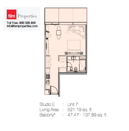 Marquise Square, 0-Bed Floor Plan, type: Studio E - Unit 7