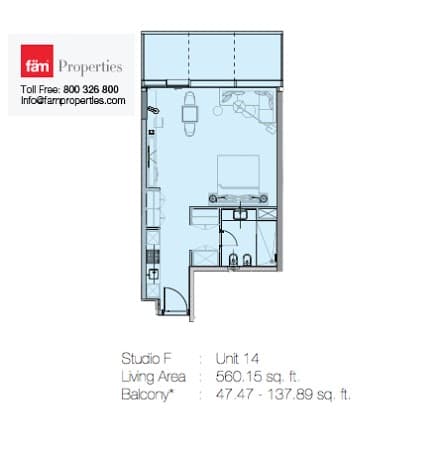 Marquise Square, 0-Bed Floor Plan, type: Studio F - Unit 14