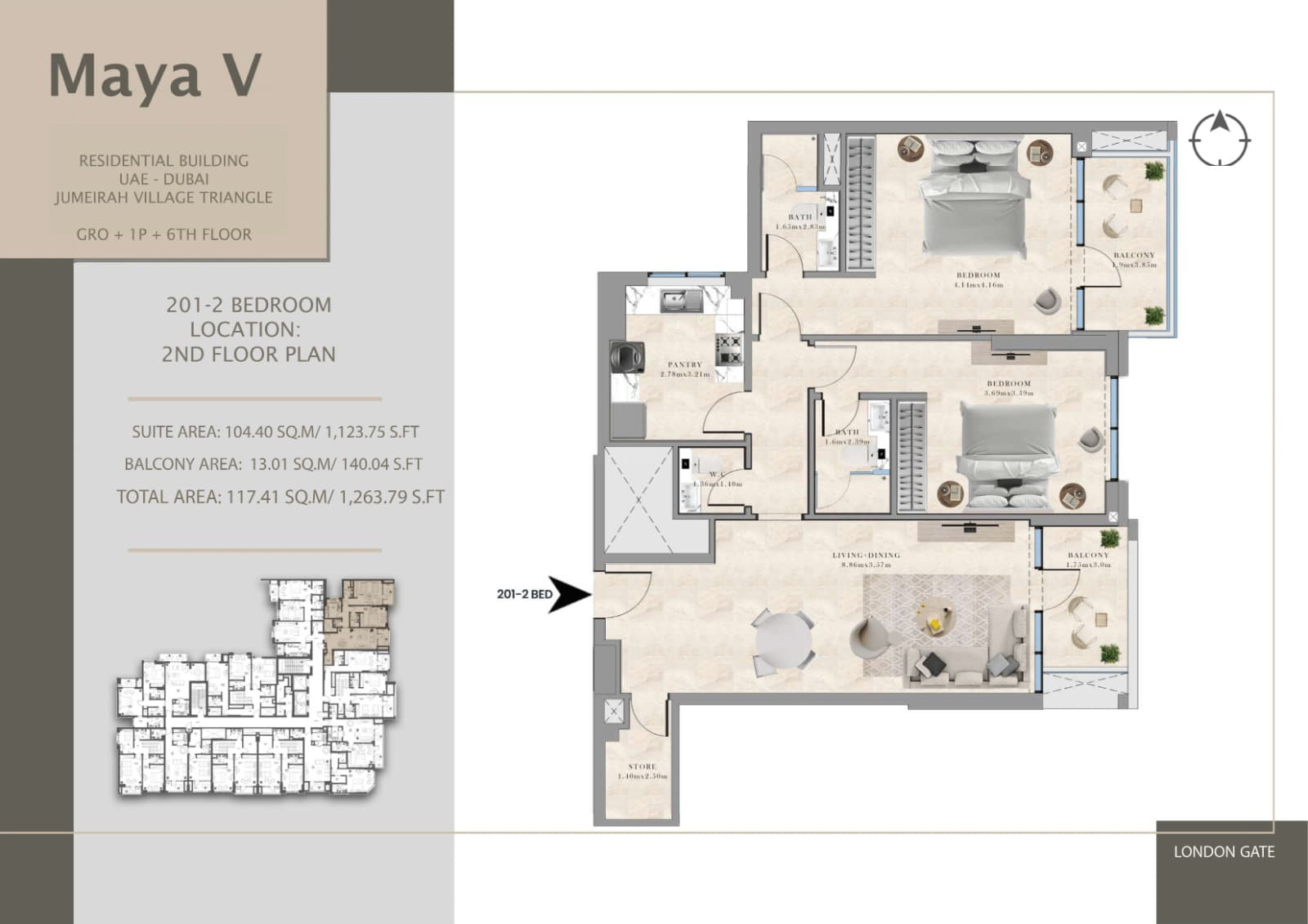 Maya V, 2-Bed Floor Plan, type: