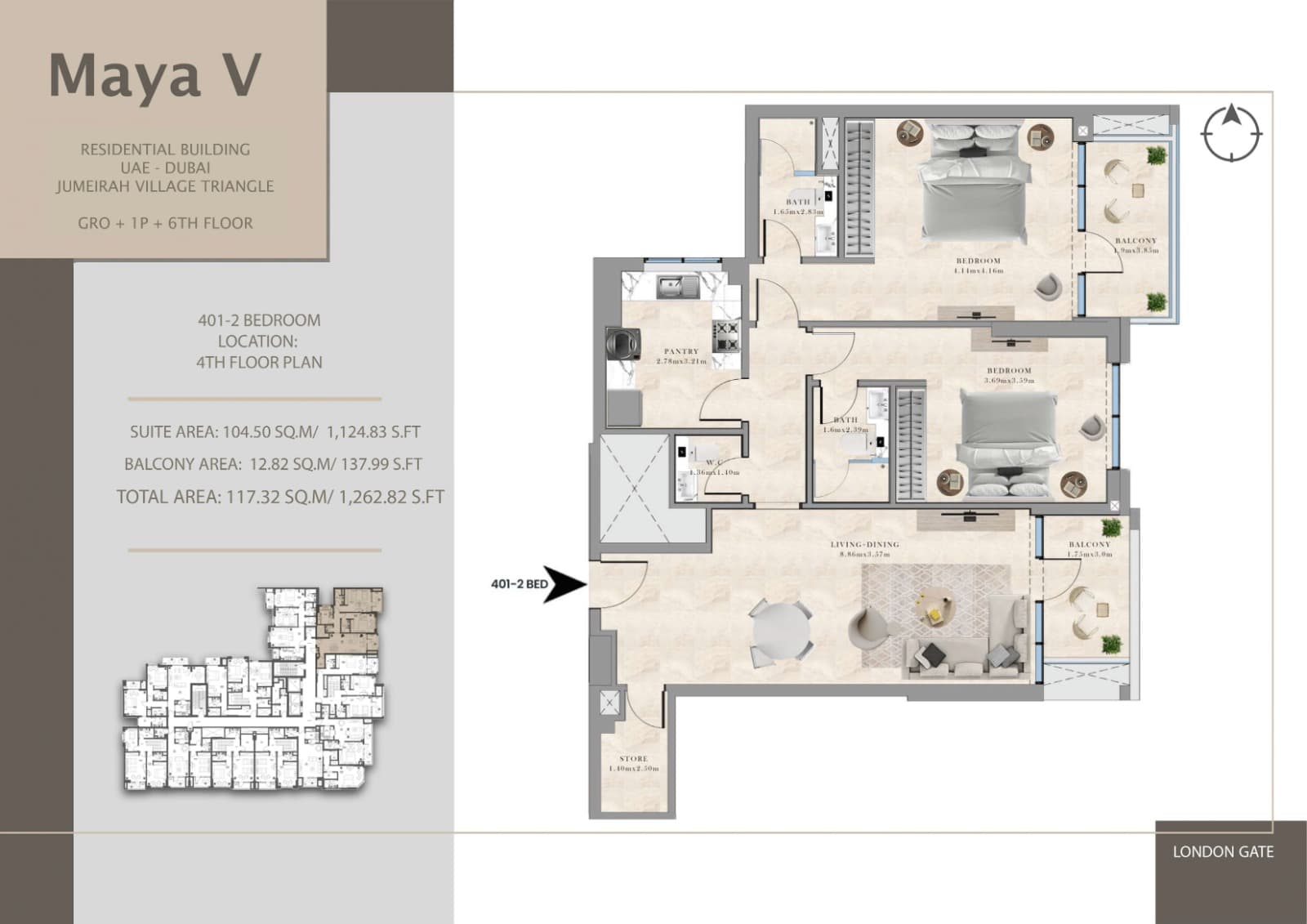 Maya V, 2-Bed Floor Plan, type: