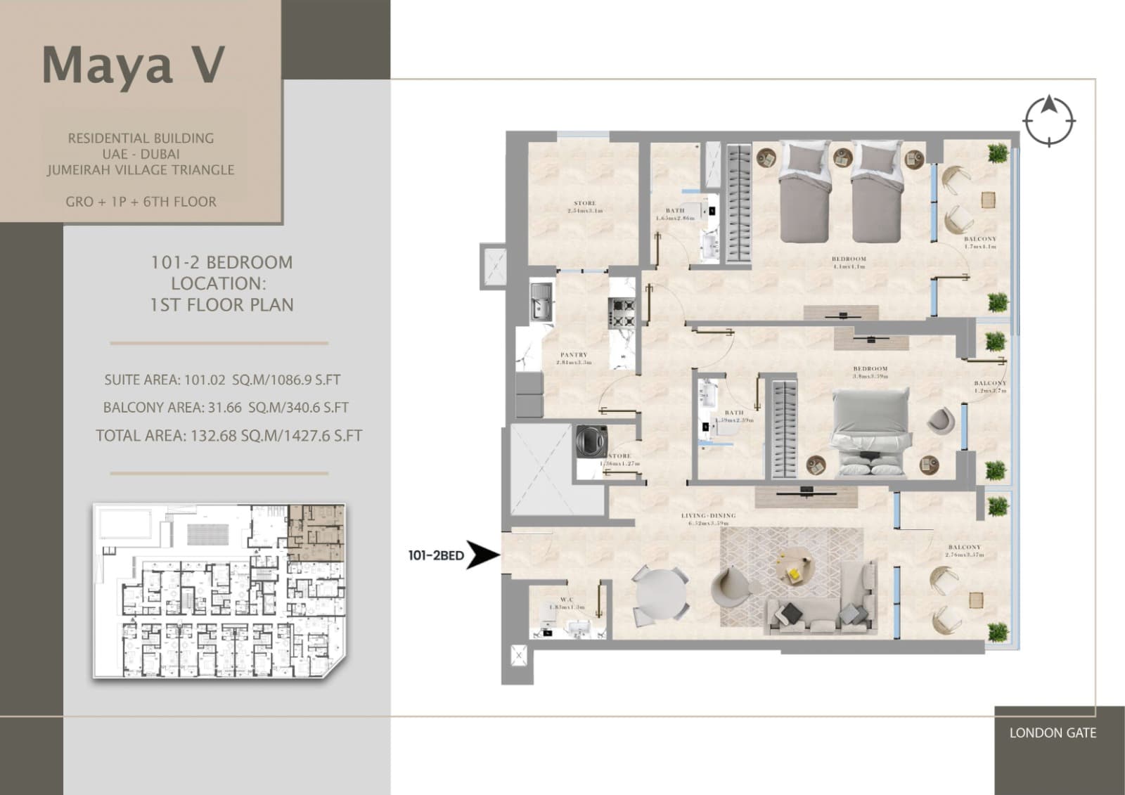 Maya V, 2-Bed Floor Plan, type: