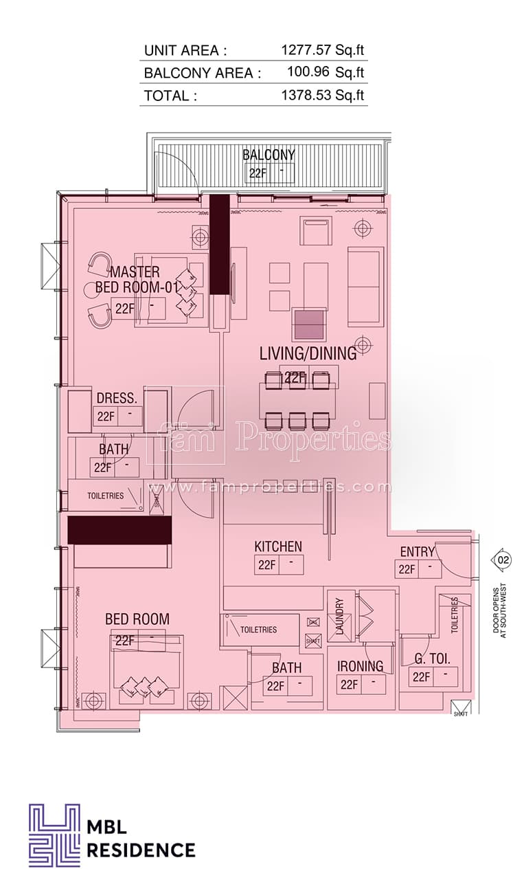 MBL Residence Tower, 2-Bed Floor Plan, type: Floor 22: 2 Bedroom