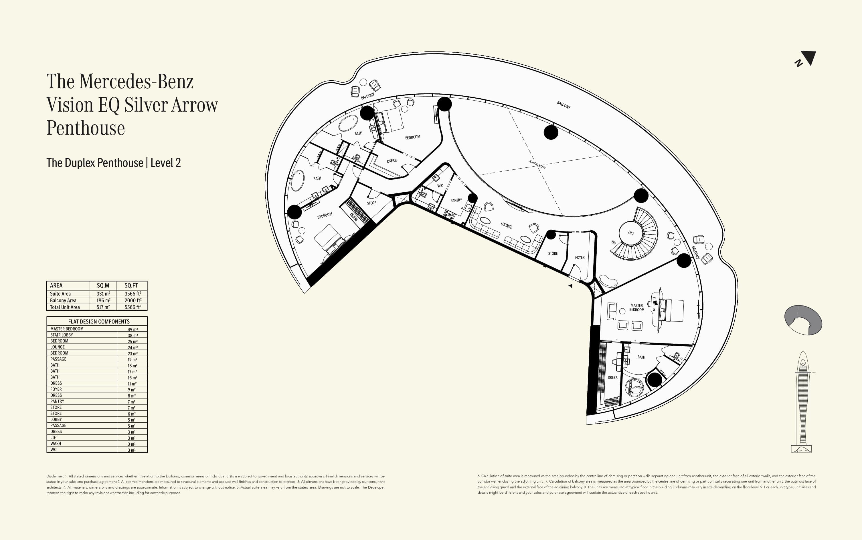 Mercedes-Benz Places, 3-Bed Floor Plan, type: Duplex - Level 2 - Penthouse