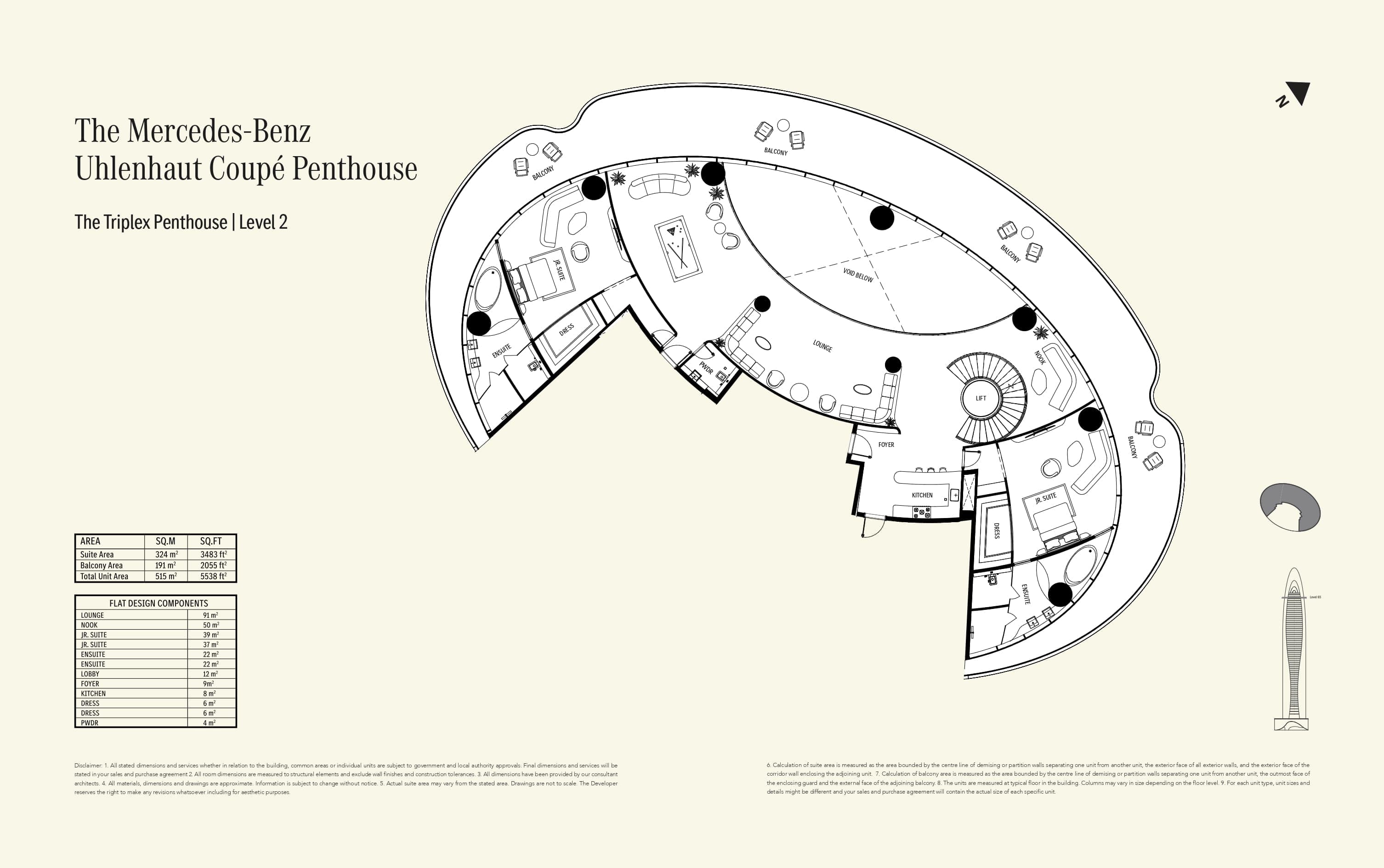 Mercedes-Benz Places, 3-Bed Floor Plan, type: Triplex - Level 2 - Penthouse