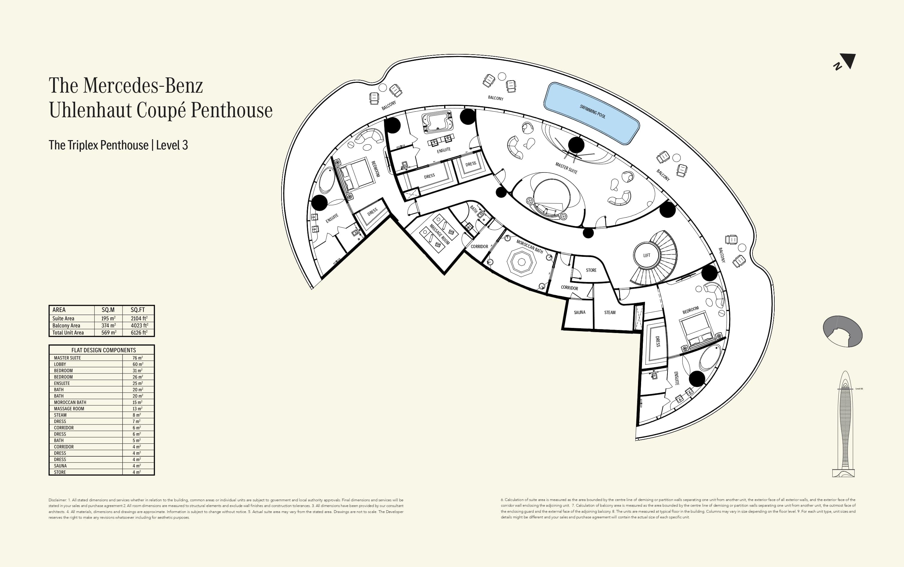 Mercedes-Benz Places, 3-Bed Floor Plan, type: Triplex - Level 3 - Penthouse