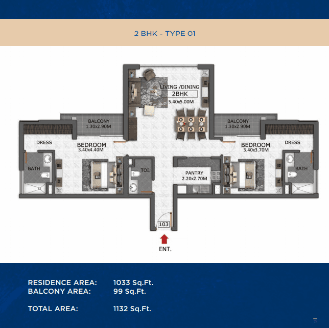 Micasa Avenue, 2-Bed Floor Plan, type: 2 Bedroom