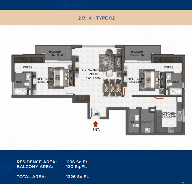 Micasa Avenue, 2-Bed Floor Plan, type: 2 Bedroom