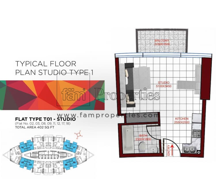 MIRACLZ TOWER, -Bed Floor Plan, type: studio Apartment -1