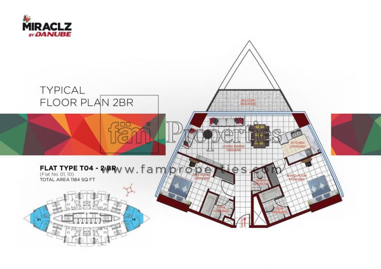 MIRACLZ TOWER, 2-Bed Floor Plan, type: 2 BHK