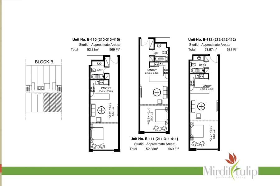 Mirdif Tulip, -Bed Floor Plan, type: Unit: B (110,111,112)