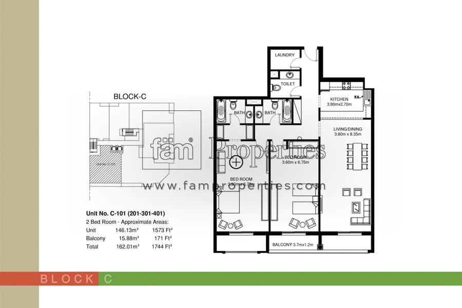 Mirdif Tulip, 2-Bed Floor Plan, type: Unit: C (101, 201, 301, 401) 2 BR