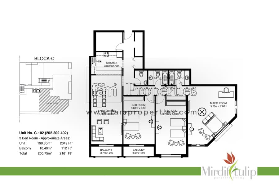 Mirdif Tulip, 3-Bed Floor Plan, type: Unit: C (102,202, 302, 402) 3BR