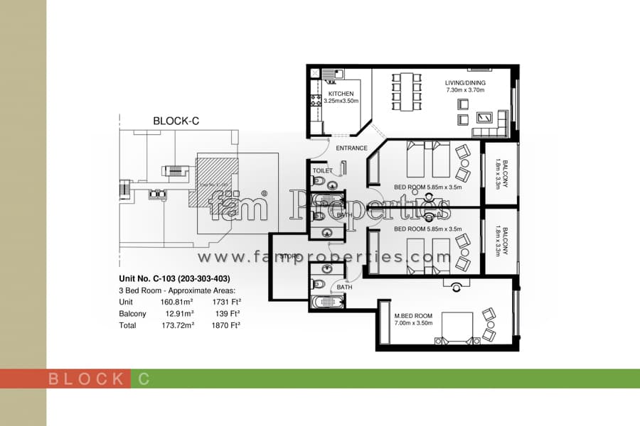Mirdif Tulip, 3-Bed Floor Plan, type: Unit: C (103, 203, 303, 403) 3BR