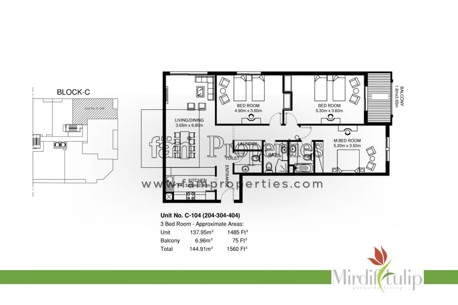 Mirdif Tulip, 3-Bed Floor Plan, type: Unit: C (104, 204, 304, 404) 3BR