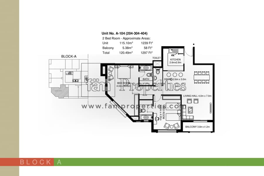Mirdif Tulip, 2-Bed Floor Plan, type: Unit: A (104, 204, 304, 404) 2BR