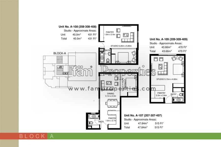 Mirdif Tulip, -Bed Floor Plan, type: Unit: A (107, 108 & 109) Studio