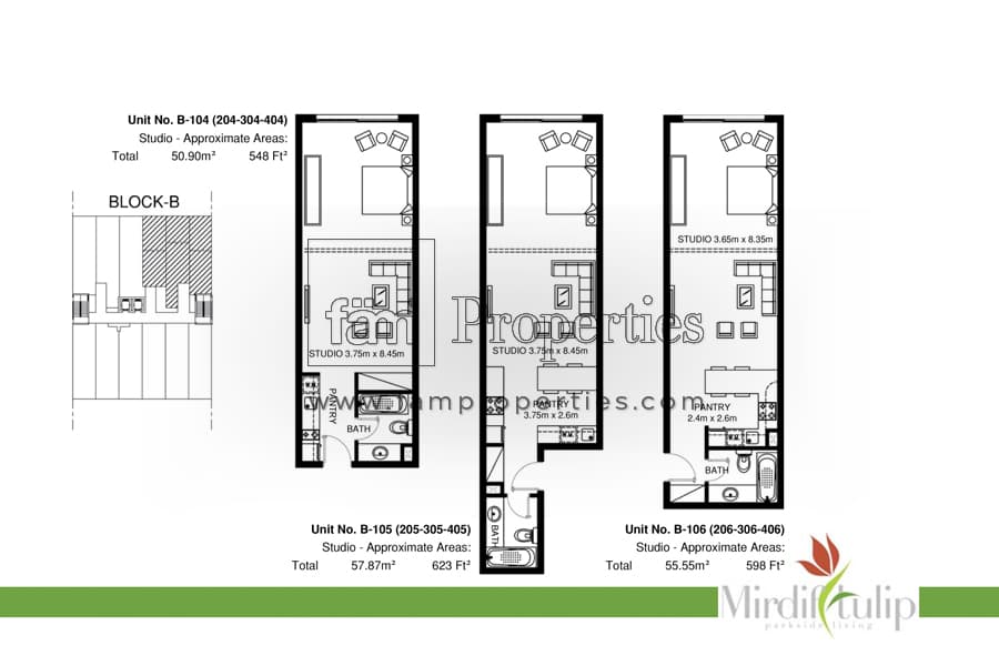 Mirdif Tulip, -Bed Floor Plan, type: Unit: B (105,106,104) Studio