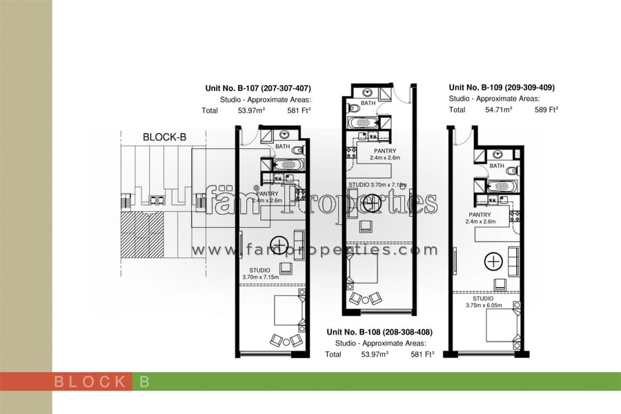Mirdif Tulip, -Bed Floor Plan, type: Unit: B (107,108,109) Studio