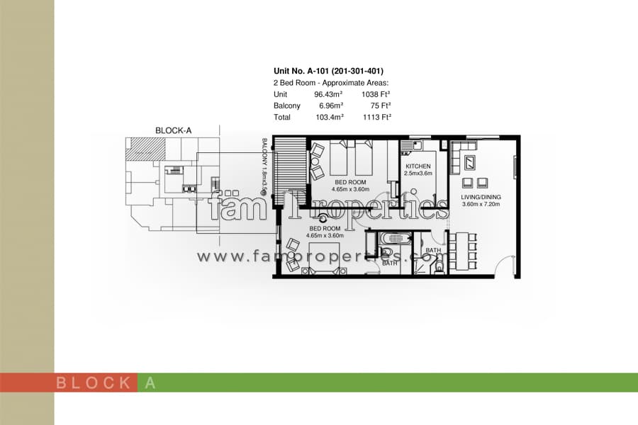 Mirdif Tulip, 2-Bed Floor Plan, type: Unit: A (101, 201, 301, 401) 2BR