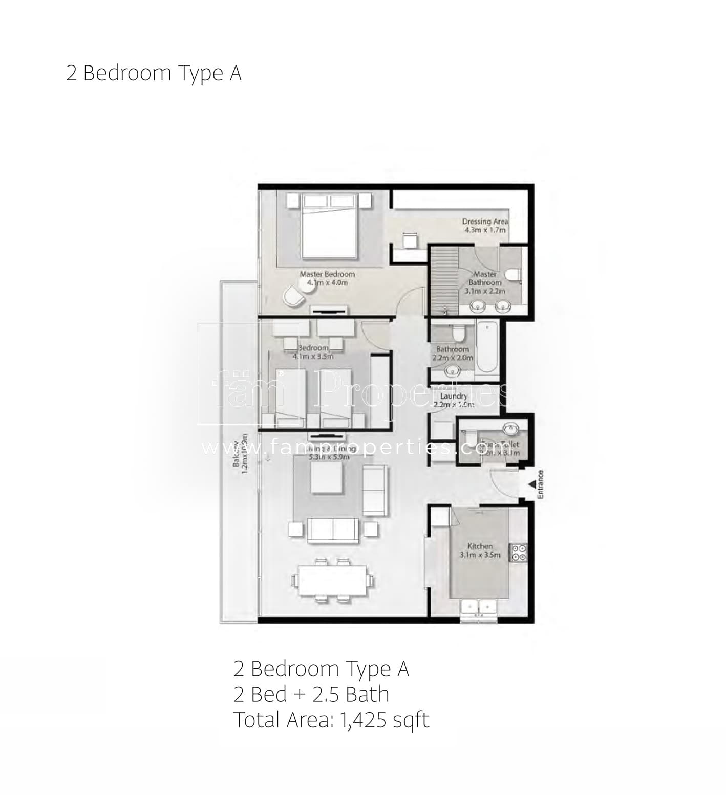 Misk Apartments, 2-Bed Floor Plan, type: 2 Bedroom