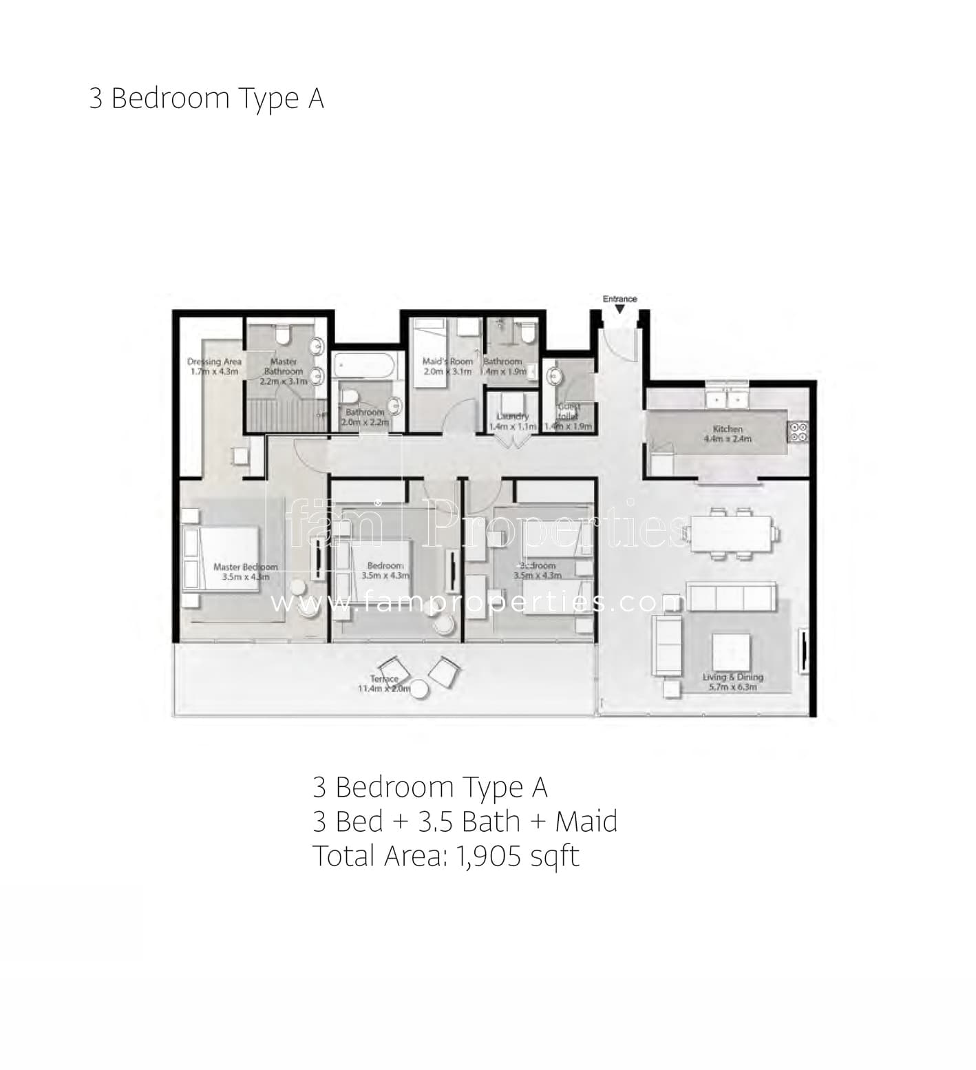 Misk Apartments, 3-Bed Floor Plan, type: 3 Bedroom