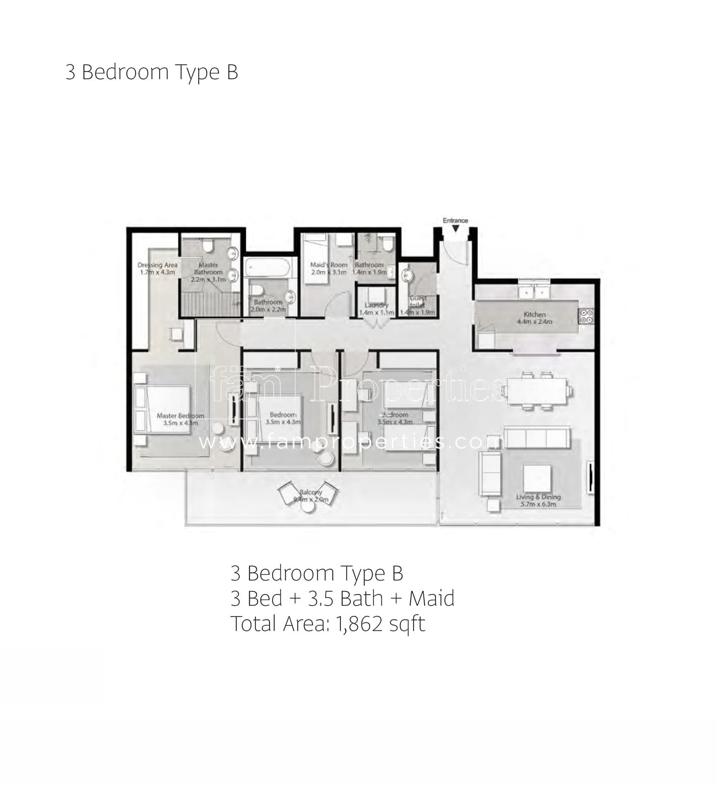 Misk Apartments, 3-Bed Floor Plan, type: 3 Bedroom