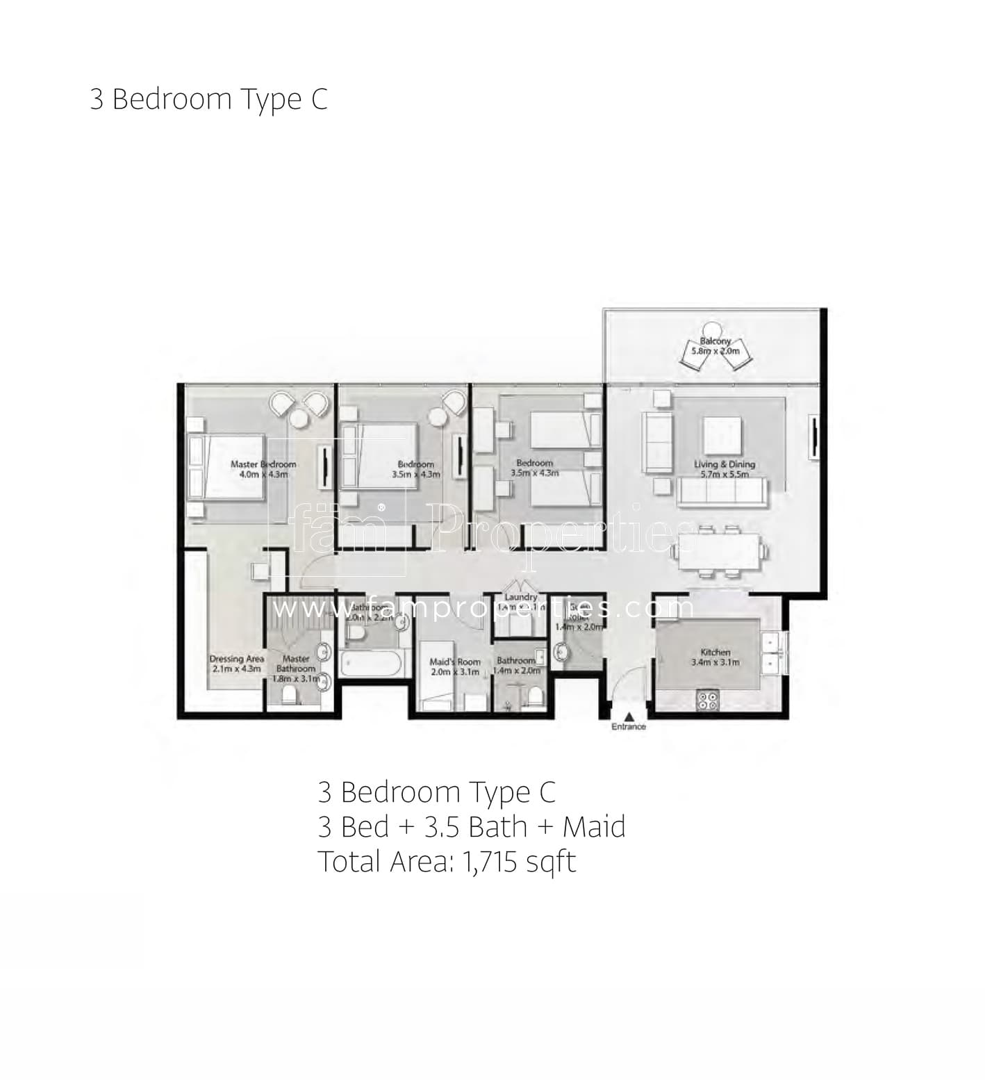 Misk Apartments, 3-Bed Floor Plan, type: 3 Bedroom