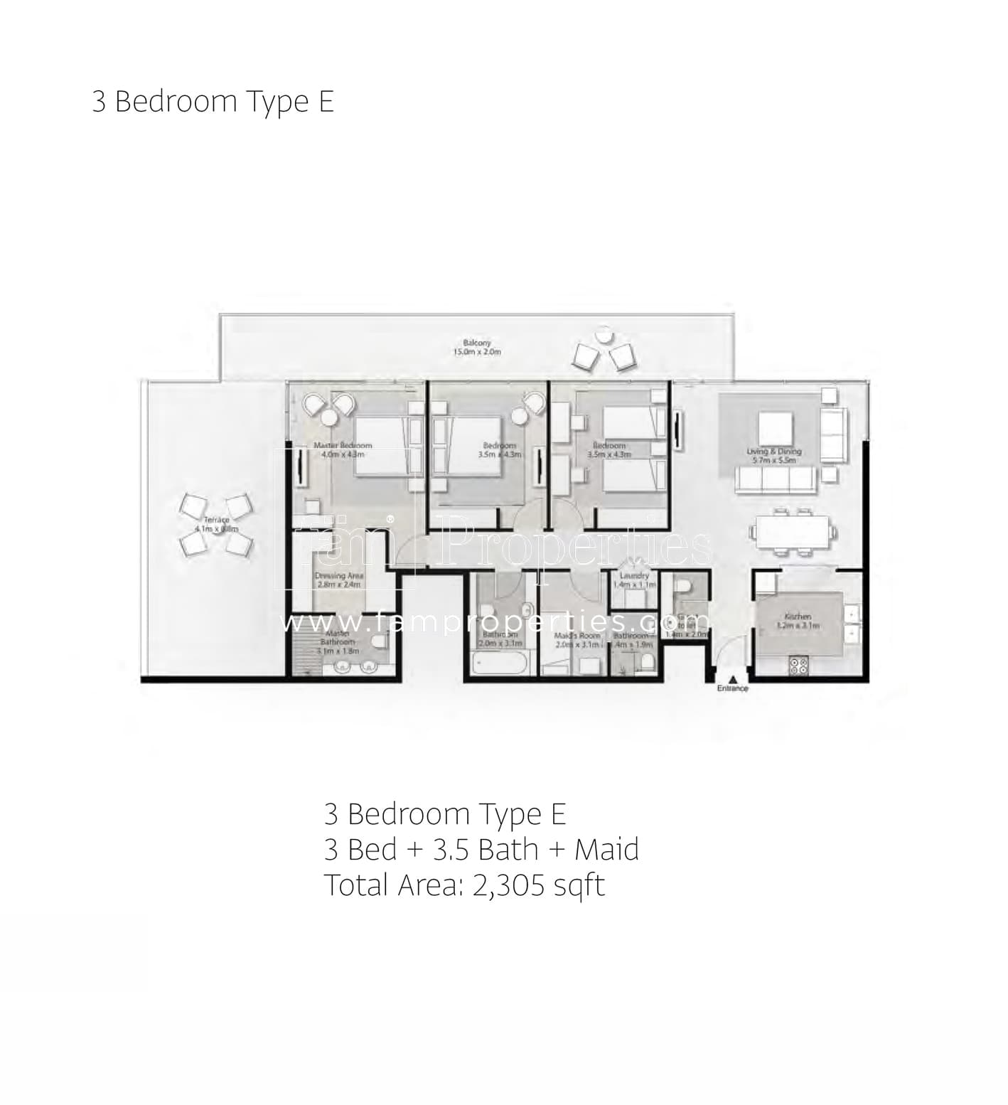 Misk Apartments, 3-Bed Floor Plan, type: 3 Bedroom