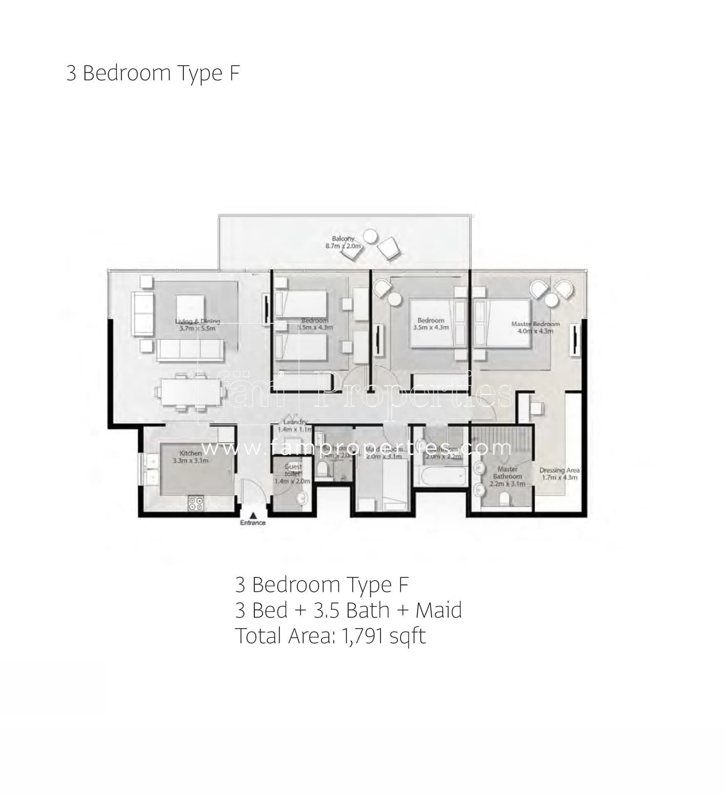 Misk Apartments, 3-Bed Floor Plan, type: 3 Bedroom