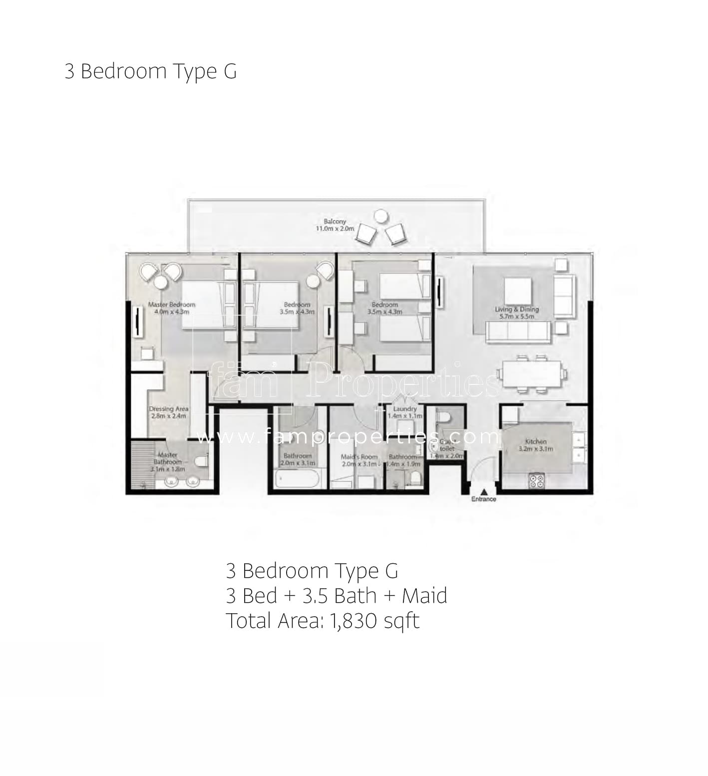 Misk Apartments, 3-Bed Floor Plan, type: 3 Bedroom