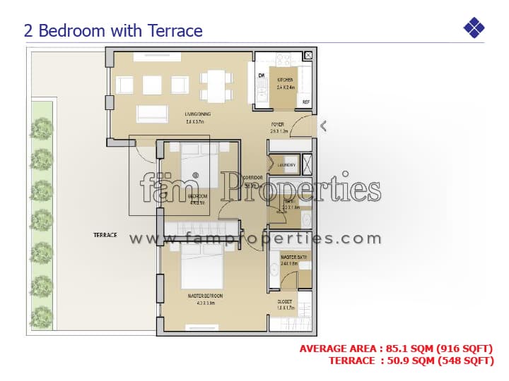 Mudon Views, 2-Bed Floor Plan, type: 2 Bedroom with Terrace