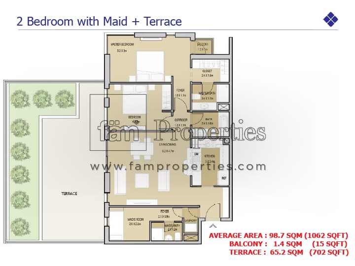 Mudon Views, 2-Bed Floor Plan, type: 2 Bedroom with Maid + Terrace