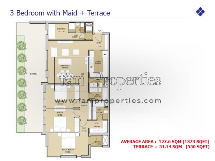 Mudon Views, 3-Bed Floor Plan, type: 3 Bedroom with Maid + Terrace