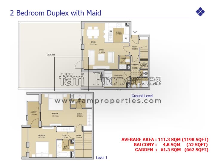 Mudon Views, 2-Bed Floor Plan, type: 2 Bedroom Duplex with Maid