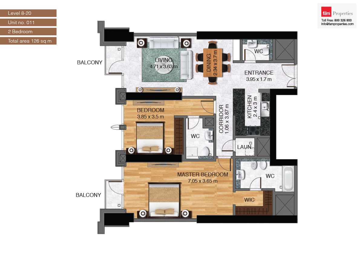 Noura Tower, 2-Bed Floor Plan, type: Unit-011_2br
