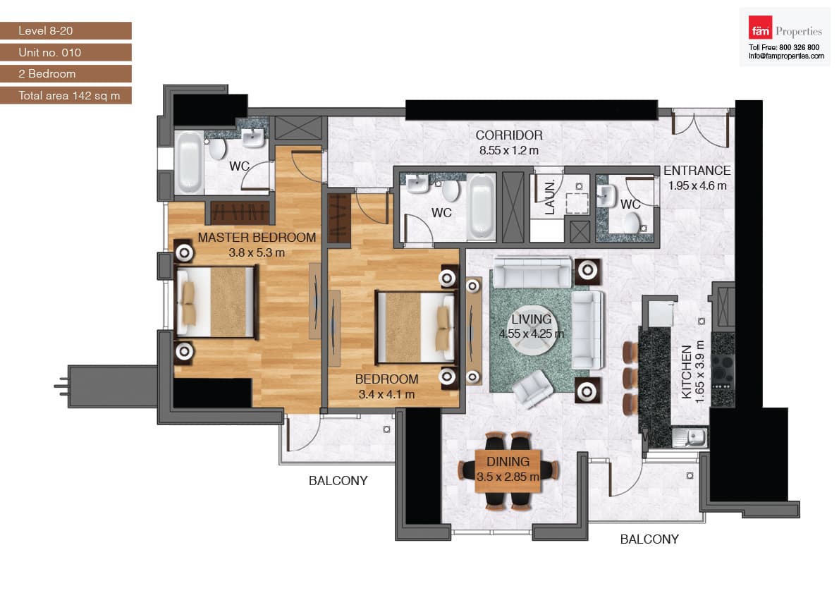 Noura Tower, 2-Bed Floor Plan, type: Unit-010_2br