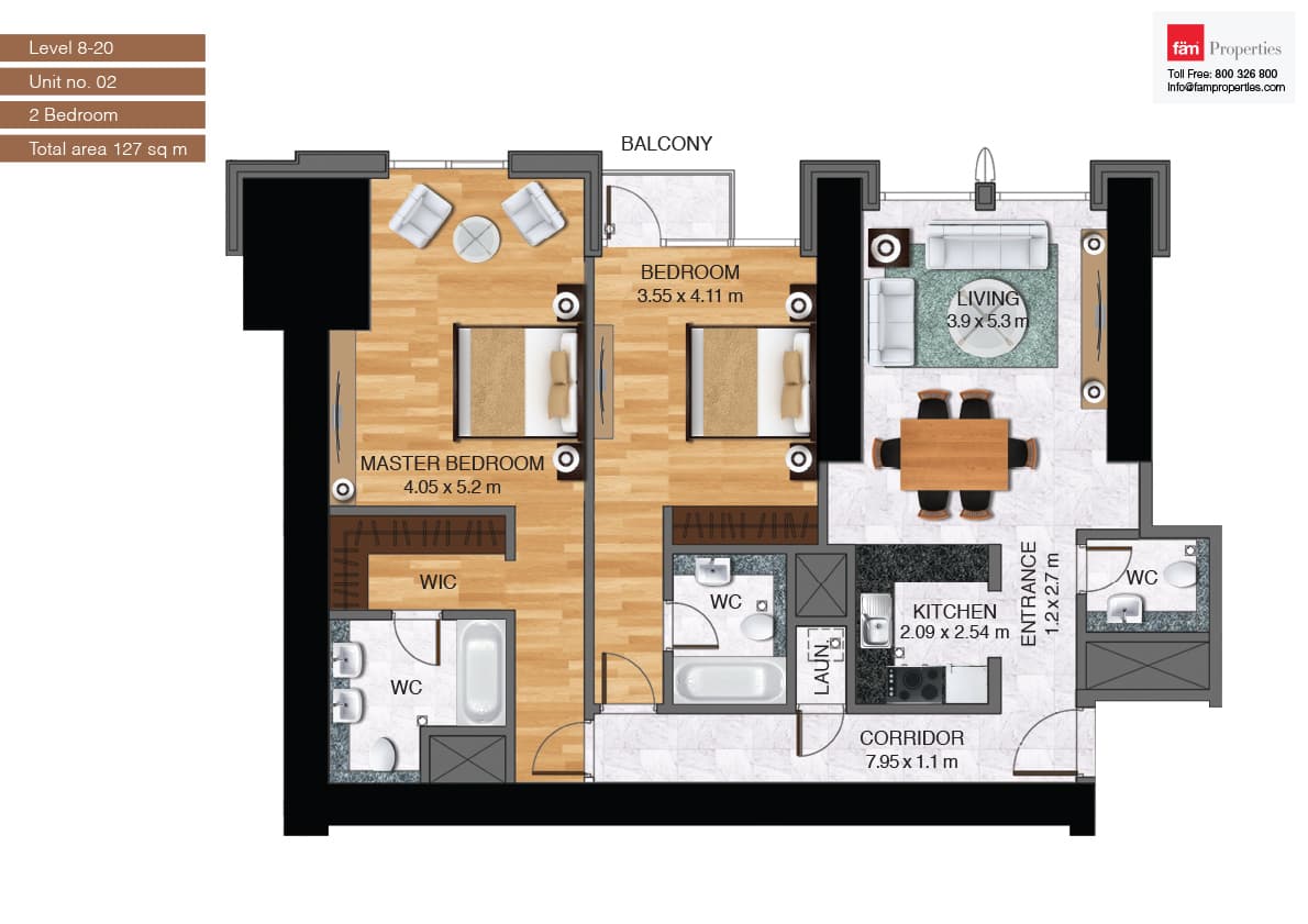 Noura Tower, 2-Bed Floor Plan, type: Unit-02_2br