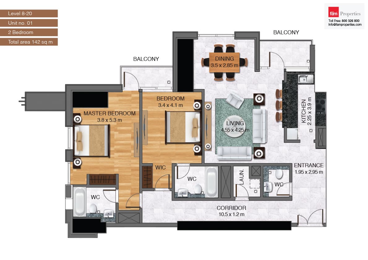 Noura Tower, 2-Bed Floor Plan, type: Unit-01_2br