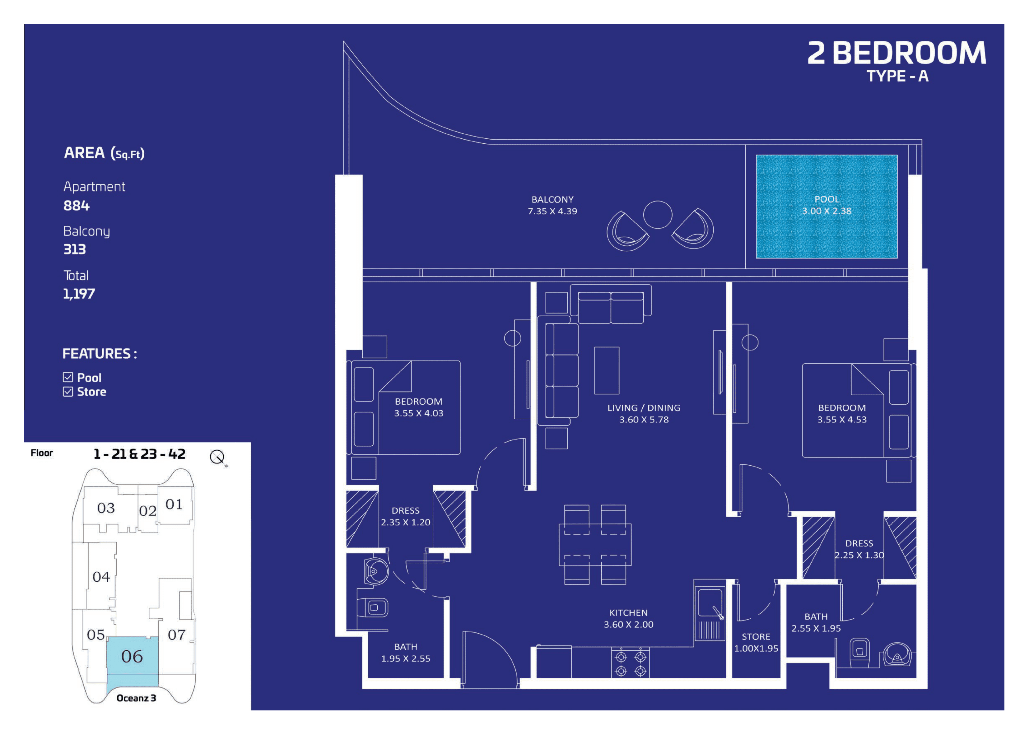 Oceanz 1 by Danube, 2-Bed Floor Plan, type: