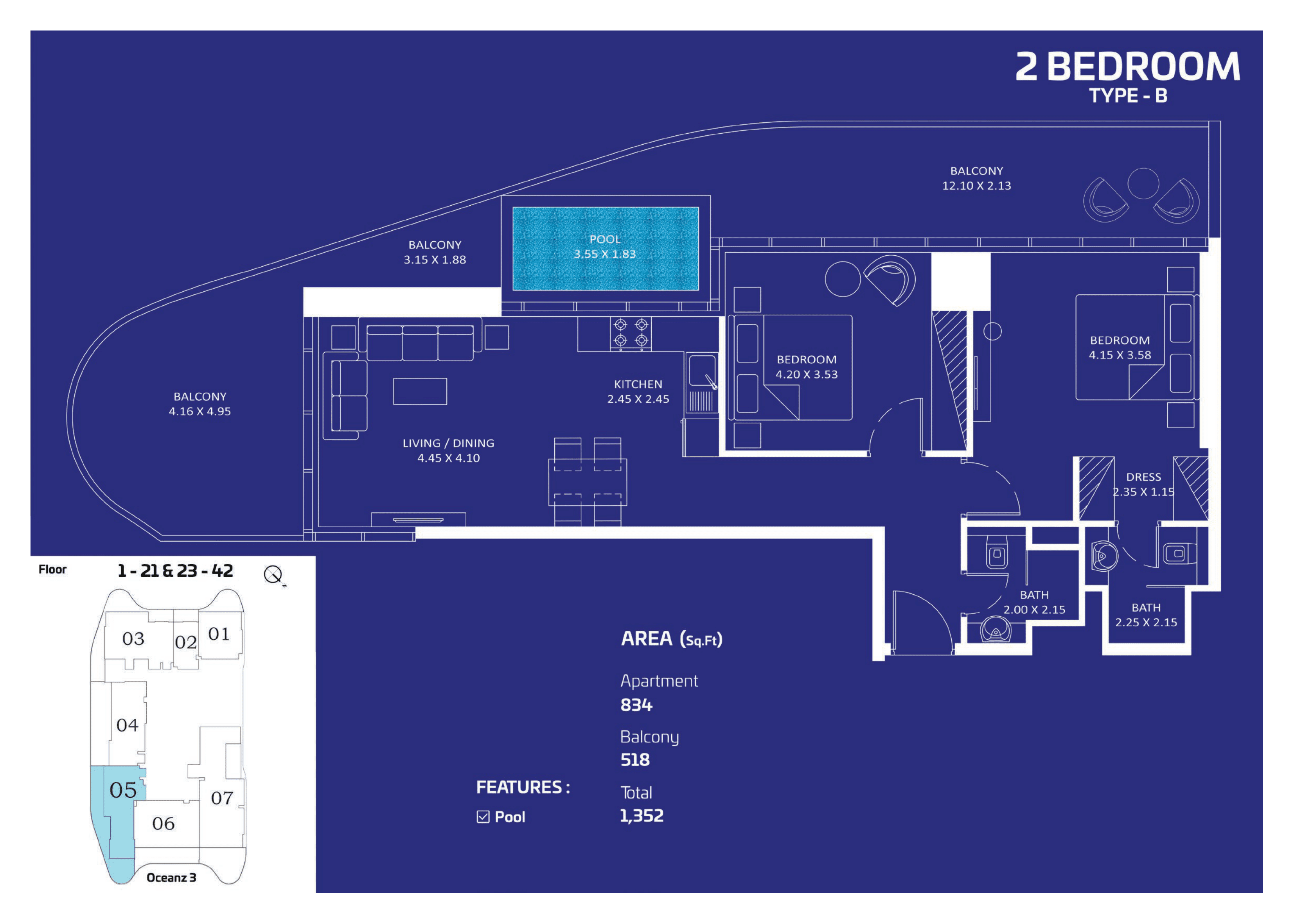 Oceanz 1 by Danube, 2-Bed Floor Plan, type: