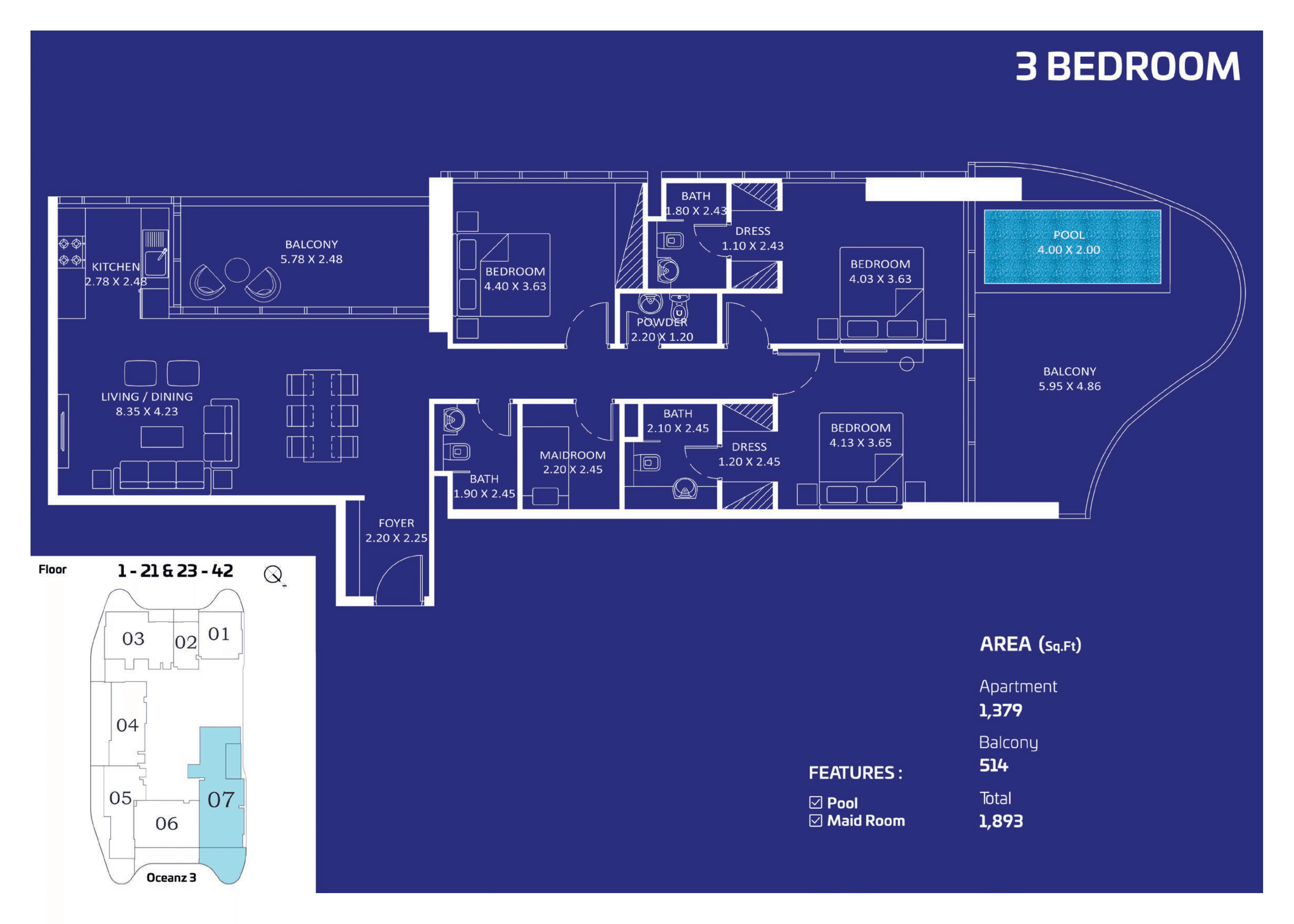 Oceanz 3 By Danube, 3-Bed Floor Plan, type: