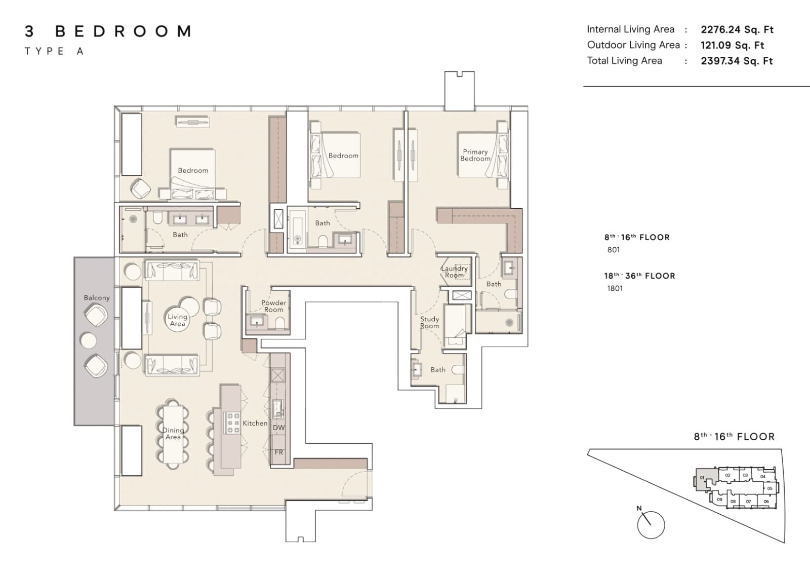 One River Point, 3-Bed Floor Plan, type: