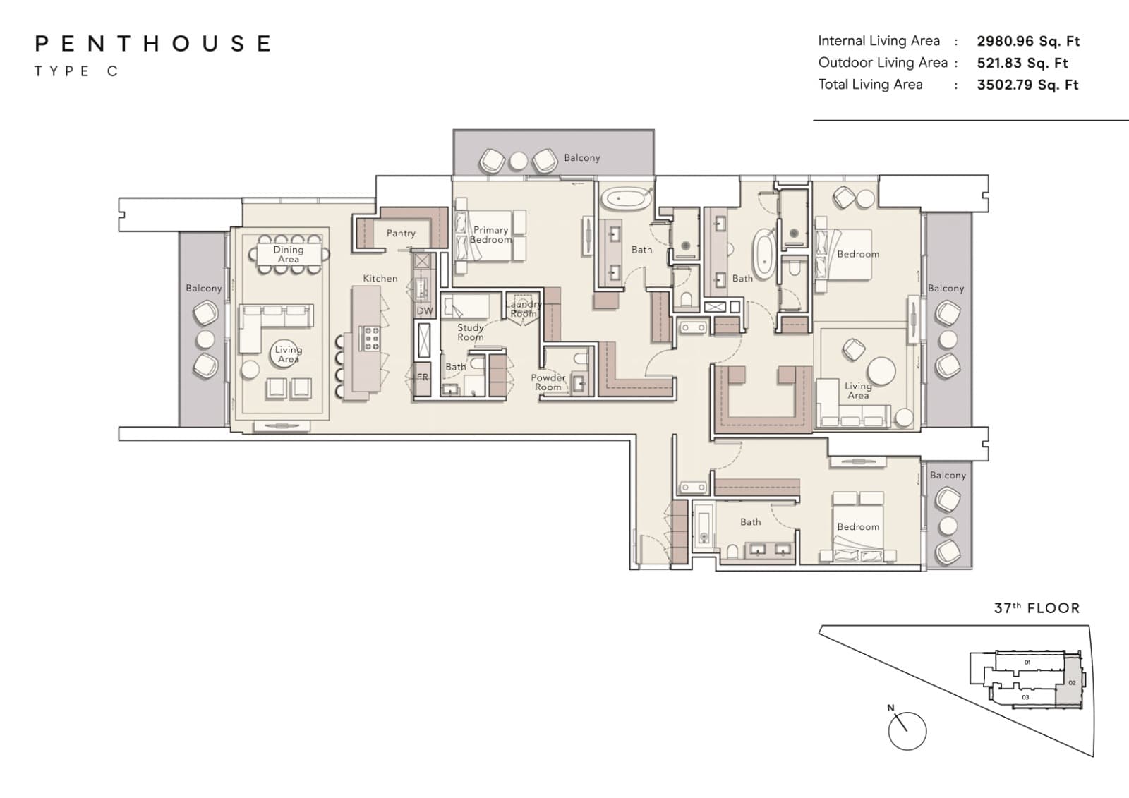 One River Point, 3-Bed Floor Plan, type: