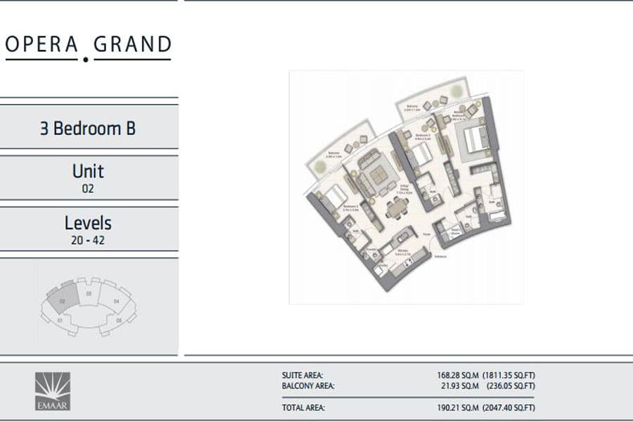 Opera Grand, 3-Bed Floor Plan, type: 3 Bedroom