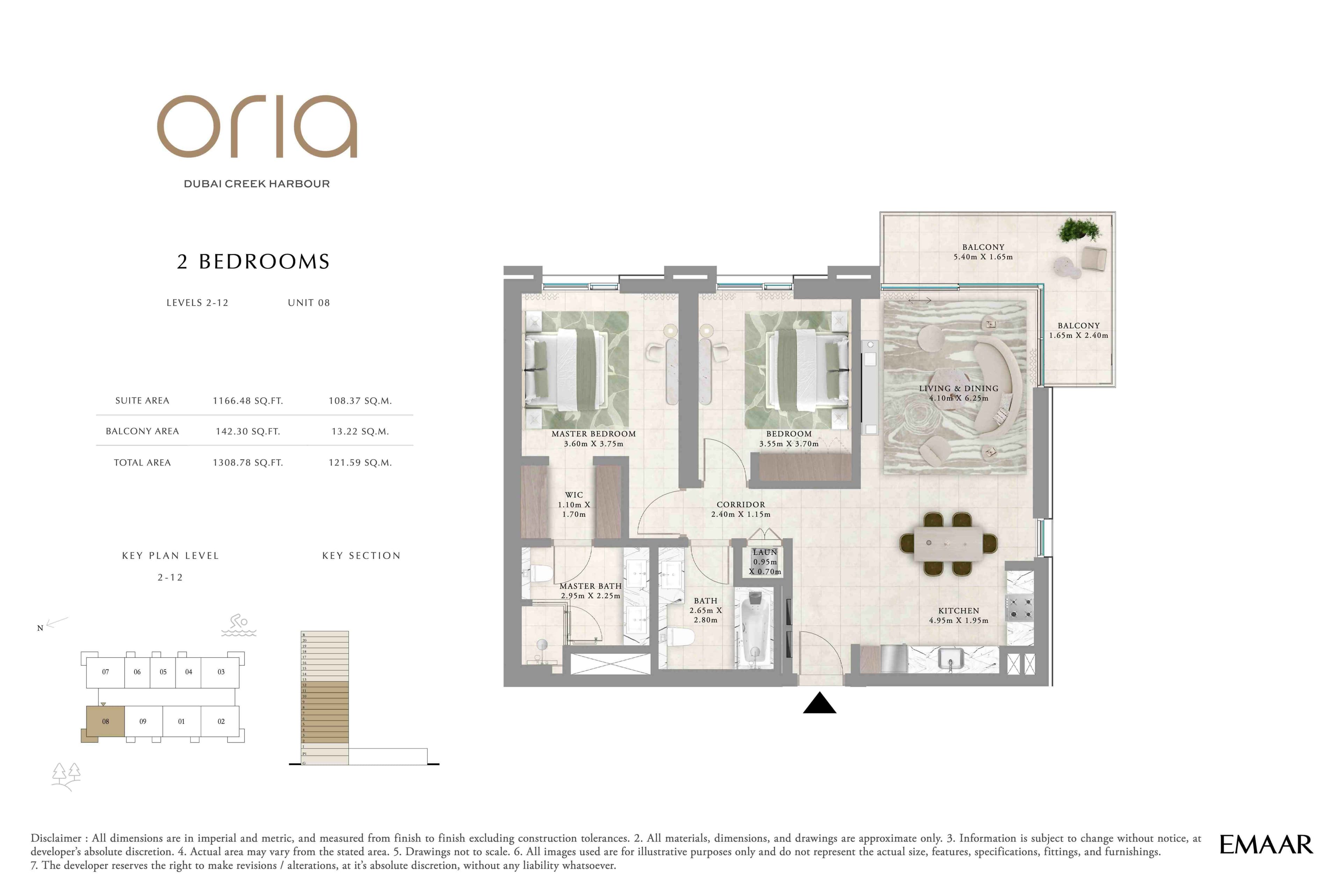Oria, 2-Bed Floor Plan, type: 2BR - Lvl 2-12 - Unit 8