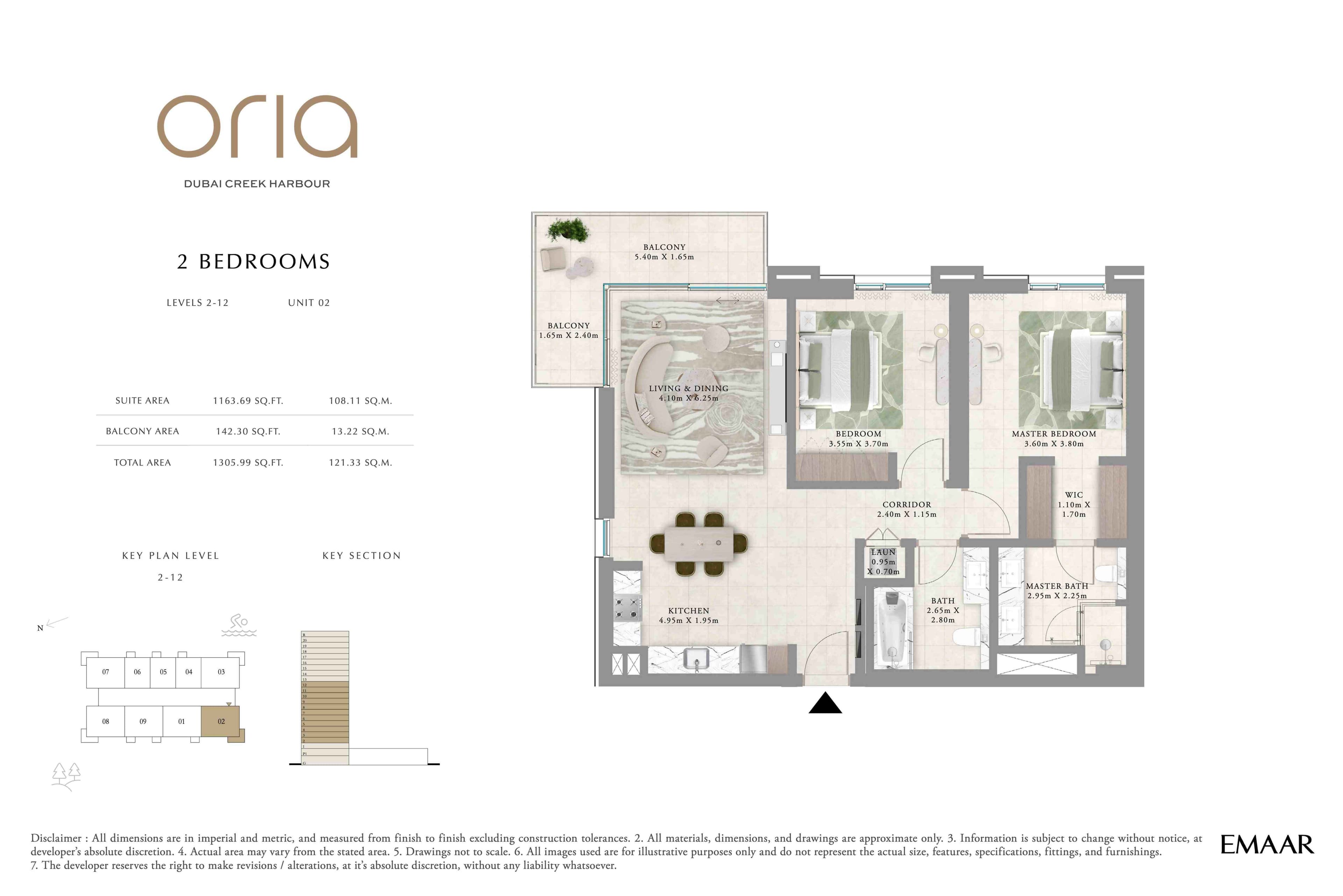 Oria, 2-Bed Floor Plan, type: 2BR - Lvl 2-12 - Unit 2